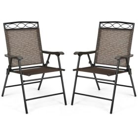 Set of 2 Patio Folding Chairs Sling Portable Dining Chair Set with Armrest