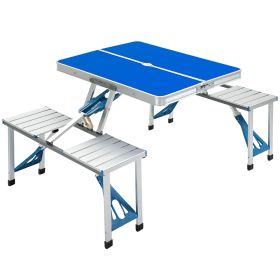 Outsunny Folding Picnic Table with Umbrella Hole, Aluminum Suitcase Portable Outdoor Table with Bench, Patio, Porch or Camping Table and Chair Set (Color: as Pic)