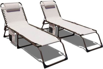 Set of 2 Outdoor Chaise Lounge with Detachable Pocket and Pillow;  Portable Adjustable Patio Sun Lounge Chair for Garden; Beach;  Sunbathing (Color: Beige)