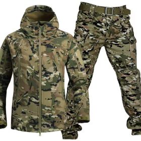 Outdoor Shark Skin Warmth Jackets Pants Set Men Tactical Camo Autumn Winter Thickened Coat Soft Shell Large Size Jacket (Color: CP, size: M)