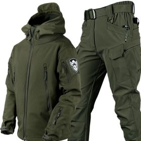 Outdoor Shark Skin Warmth Jackets Pants Set Men Tactical Camo Autumn Winter Thickened Coat Soft Shell Large Size Jacket (Color: Green, size: XXL)