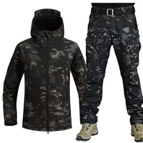 Outdoor Shark Skin Warmth Jackets Pants Set Men Tactical Camo Autumn Winter Thickened Coat Soft Shell Large Size Jacket (Color: Black CP, size: XXXL)