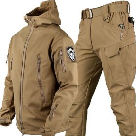 Outdoor Shark Skin Warmth Jackets Pants Set Men Tactical Camo Autumn Winter Thickened Coat Soft Shell Large Size Jacket (Color: Brown, size: M)